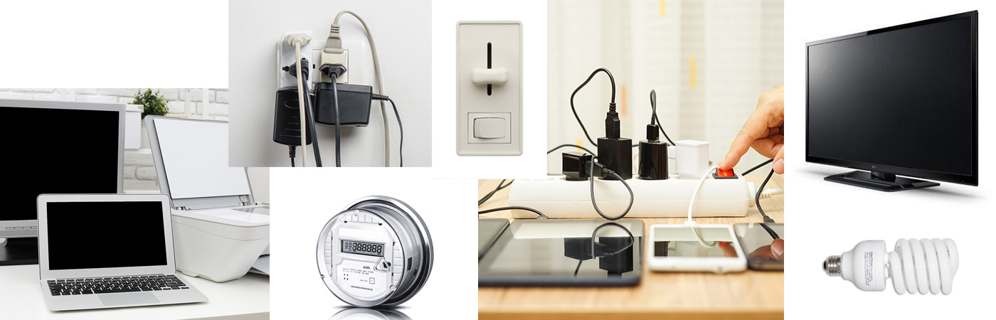 Photo collage of equipment and devices known to create dirty electricity (computers, printer, television, cell phone and tablet charging devices, compact fluorescent bulb, light dimmer switch, smart meter, AC power adapters)