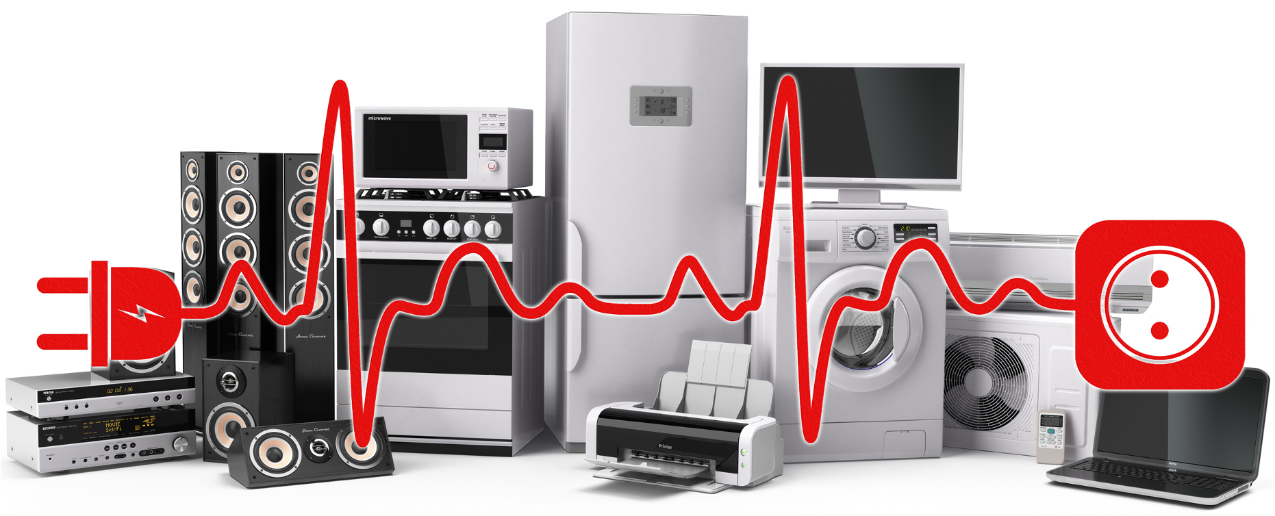 Image of common household equipment and appliances with "squiggly" line representing dirty electricity superimposed on top of the devices