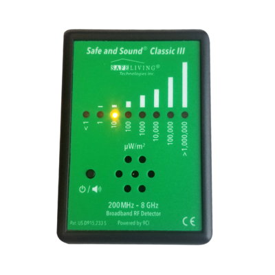 Safe and Sounds Classic III RF Detector with yellow LED light indicator lit up