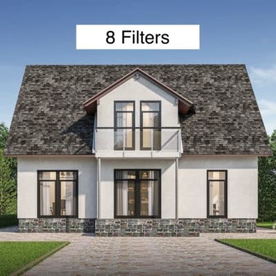 Front view of a lovely 2-story house with the text "8 Filters" appearing above the house. The image is used to represent the Greenwave Dirty Electricity Filters 1 Bedroom House Kit.