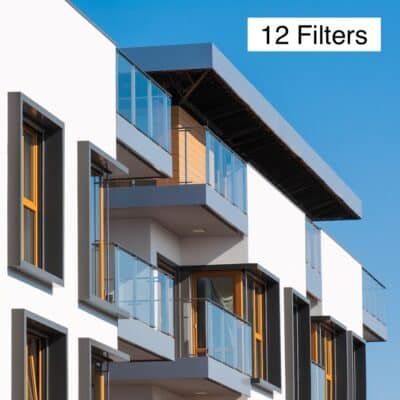 Photo of part of an apartment building with the text "12 Filters" above the building. Image is to represent Greenwave Dirty Electricity Filters 3 Bedroom Apartment Kit