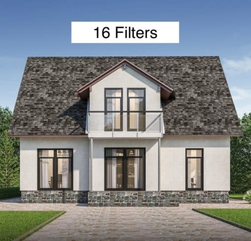 Front view of a lovely 2-story house with the text "16 Filters" appearing above the house. The image is used to represent the Greenwave Dirty Electricity Filters 3 Bedroom House Kit.