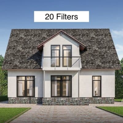 Front view of a lovely 2-story house with the text "20 Filters" appearing above the house. The image is used to represent the Greenwave Dirty Electricity Filters 4 Bedroom House Kit.