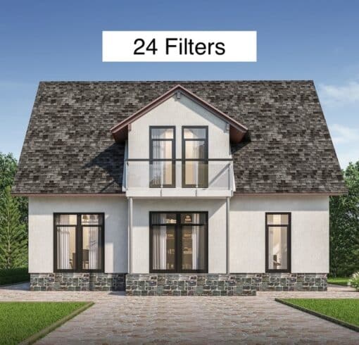 Front view of a lovely 2-story house with the text "24 Filters" appearing above the house. The image is used to represent the Greenwave Dirty Electricity Filters 5 Bedroom House Kit.