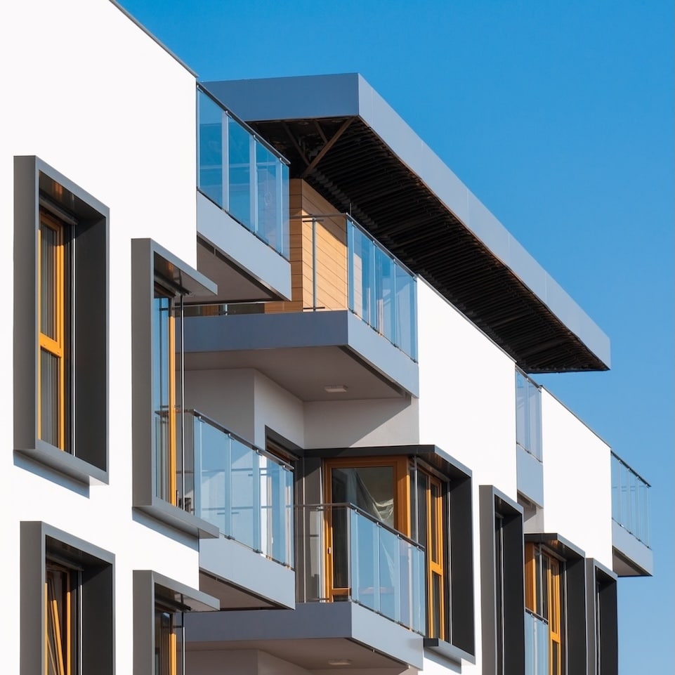 Apartment Kits (Cover Image v2) Photo of part of a modern apartment building. Used as image to represent dirty electricity kits for apartments