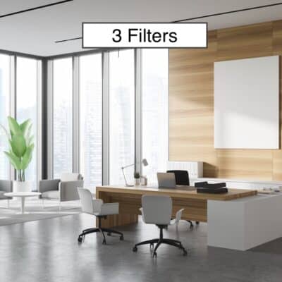 Photo of nicely appointment executive corner office with large windows and lots of natural light. The text "3 Filters" appears at the tops of the image. The image is used to represent Greenwave Dirty Electricity Filters Executive Office Kit