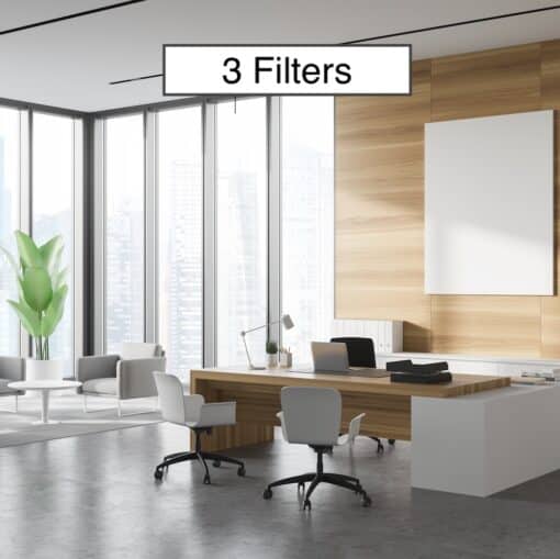 Photo of nicely appointment executive corner office with large windows and lots of natural light. The text "3 Filters" appears at the tops of the image. The image is used to represent Greenwave Dirty Electricity Filters Executive Office Kit