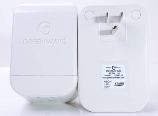 Photograph of the front and back of a Greenwave Spectrum 2500i dirty electricity filter with 3-prong plug