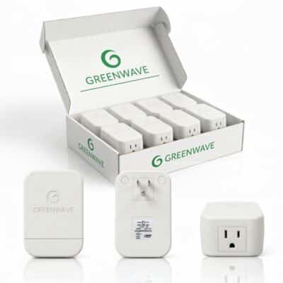 IMAGE - Greenwave Dirty Electricity Filters 1 Bedroom Home Kit 8 Pack 800x800 - Greenwave Dirty Electricity Solutions Box of 8 Greenwave dirty electricity filters plus a front view, back view, and side view of a Greenwave filter