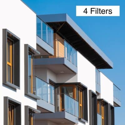 Photo of part of an apartment building with the text "4 Filters" above the building. Image is to represent Greenwave Dirty Electricity Filters Studio Apartment Kit
