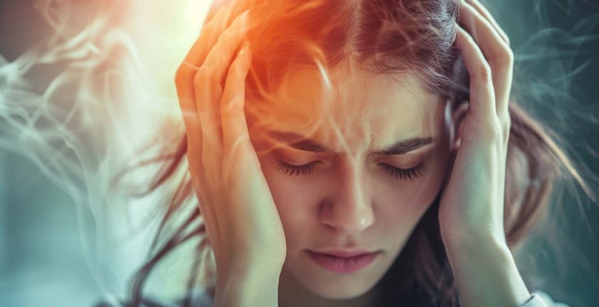 IMAGE - Woman Not Feeling Well C-LR Woman holding her head in her hands and looking as if she is not feeling well